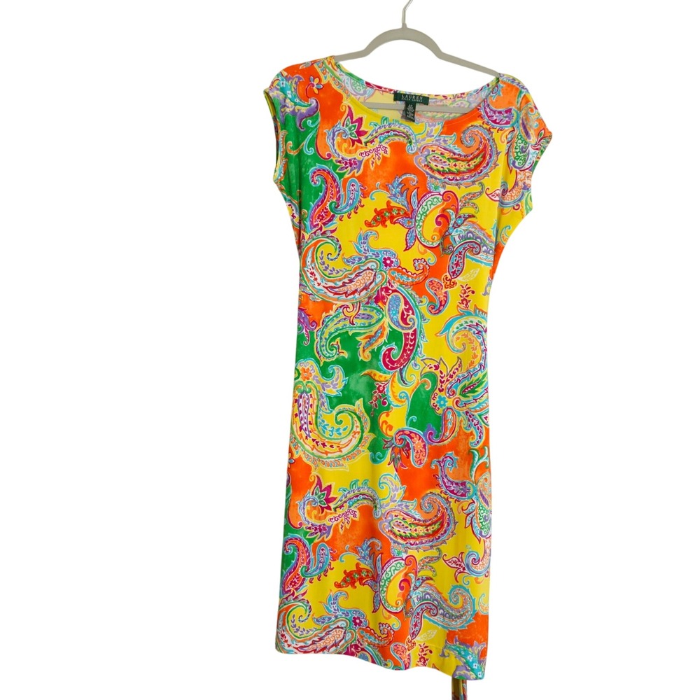 Lauren Ralph Lauren Small Sheath Dress Vibrant Yellow Paisley Print Tie Waist